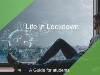 A man stares out of the window with coronavirus floating outside