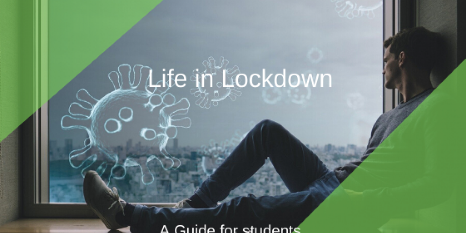 A man stares out of the window with coronavirus floating outside